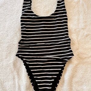 Aerie Black and White Striped One Piece and Burnt Orange Two Piece